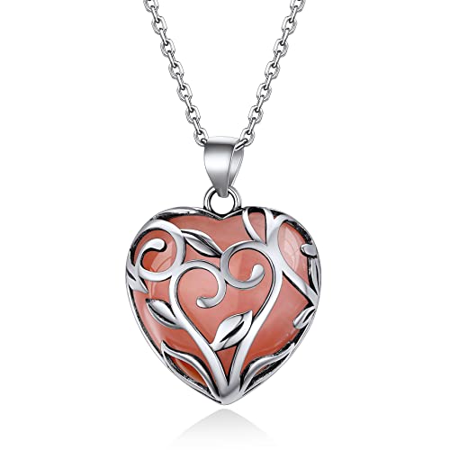 Bestyle Tree of Life Wrapped Healing Crystal Necklaces 12 Month Birthstone Pendant for Women, Crescent/Heart Gemstone Jewelry, Vintage Birthday Gifts/Energy Gift - color: 07. Heart Created Cherry Quartz-Celtic Leaf (July)