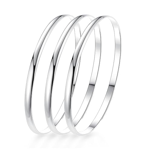 Fashion Shiny Thin Round Stainless Steel Bangle Bracelets for Women (1/3/5/8 Set) - style: Flat-3 Set