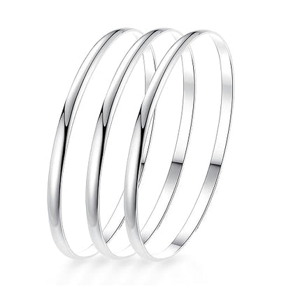 Fashion Shiny Thin Round Stainless Steel Bangle Bracelets for Women (1/3/5/8 Set) - style: Flat-3 Set