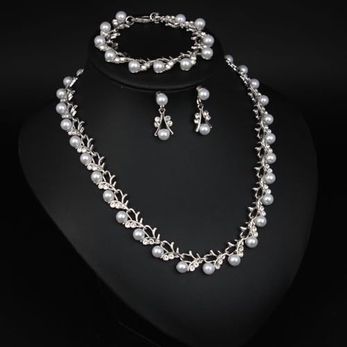 Bridal and Bridesmaid Pearl and Rhinestone Jewelry Set Crystal Necklace, Bracelet And Earrings Collection, Bohemian Adjustable Beaded Crystal for Women - style: Silver vine