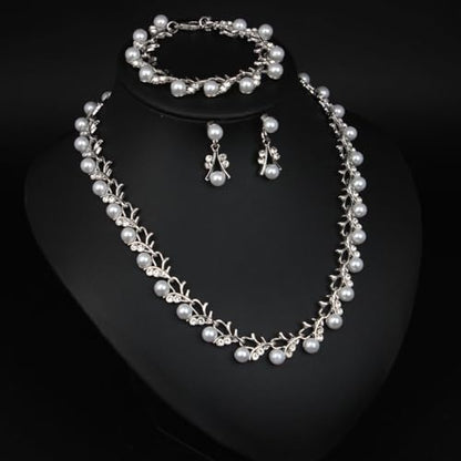 Bridal and Bridesmaid Pearl and Rhinestone Jewelry Set Crystal Necklace, Bracelet And Earrings Collection, Bohemian Adjustable Beaded Crystal for Women - style: Silver vine