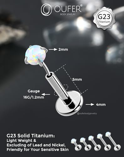 OUFER 2PCS 16G/20G Nose Lip Studs, G23 Solid Titanium Threadless Push in Nose Nostril Lip Labret Medusa Monroe Helix Cartilage Tragus Conch Lobe Piercing Jewelry for Women Men - color: Silver bar, Claw Opal, size: 2pcs, 16g 5mm, 2mm Opal