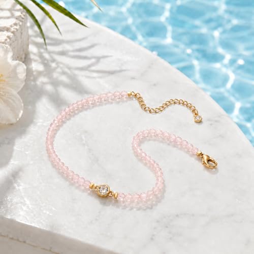 Raicegs Anklets for Women Handmade Beach Boho Ankle Bracelet 3mm Natural Stone Beaded Ankle Bracelet 14K Gold Plated Zircon Pendant Adjustable Crystal Gemstone Anklet Jewelry Gift for Her - color: Rose Quartz