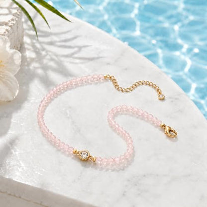 Raicegs Anklets for Women Handmade Beach Boho Ankle Bracelet 3mm Natural Stone Beaded Ankle Bracelet 14K Gold Plated Zircon Pendant Adjustable Crystal Gemstone Anklet Jewelry Gift for Her - color: Rose Quartz
