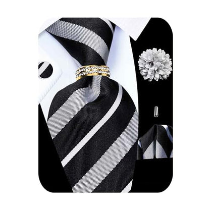 5PCS Mens Silk Tie, Pocket Square, Cufflinks, Drilled Tie Ring and Lapel Pin Set for Wedding Groom Party - color: Black White Tie Set -242