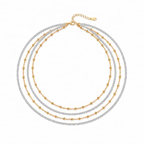 Stackable Chains Women 18K Plated Box Cuban Paperclip Layered Chain Choker Necklace Gold Silver Multi Chain Mixed Metal Stack Chains Set for Women - color: bead chain necklace