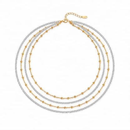 Stackable Chains Women 18K Plated Box Cuban Paperclip Layered Chain Choker Necklace Gold Silver Multi Chain Mixed Metal Stack Chains Set for Women - color: bead chain necklace