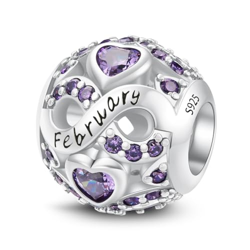 MICOO 925 Sterling Silver Jan-Dec Birthstone Charms For Bracelets and Necklaces, Original DIY Bead Charms With Cubic Zirconias Jewelry Birthday Gifts For Women. - color: 2-Feb Birthstone charm