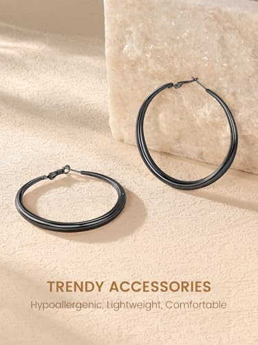 KeyStyle 5mm Thick Hoop Earring，Large Gold Hoop Earrings for Women | Stainless Steel Hoops Earring 14K Gold Plated/Silver/Black Hoop Lightweight Hypoallergenic Hollow Tube Hoop(40/60/80MM) - color: Black, size: 60mm