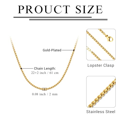 Eusense Stainless Steel Chain Necklace for Men Women Rolo/Wheat/Snake/Box Chain, 2-3MM, 20-24 Inches with Delicate Gift Box - color: 18K Gold-Plated, size: 22+2 Inches Length, style: Rolo Chain-2MM Width