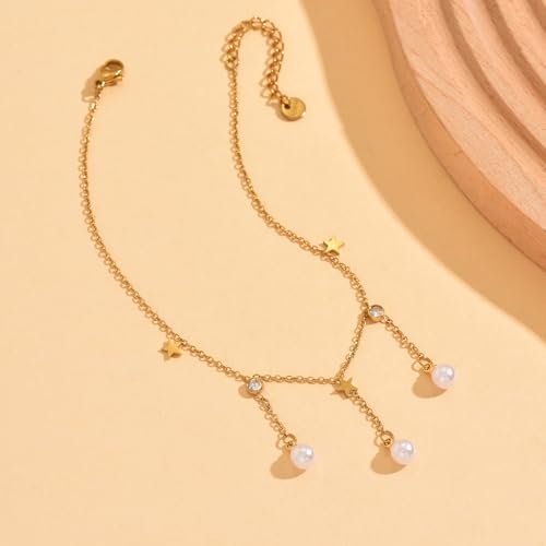 Dainty Cubic Zircon Foot Chain for Women 18K Gold Plated Stainless Steel Adjustable Ankle Bracelet Trendy Paperclip Cross Star Pearl Beach Summer Foot Jewelry Fashion Accessories Gifts for Women - color: 3 Pearls Star CZ-GD