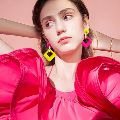 70s 80s Vintage Resin Neon Square Dangle Drop Earrings Simplicity Acrylic Hollow Round Circle Geometry Stud Earrings for Women - style: Rose Red Yellow