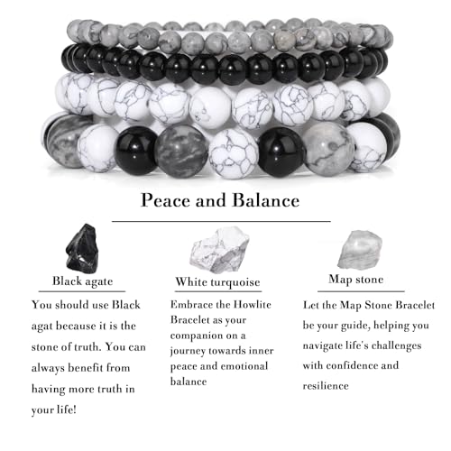 Vinswet 4pcs Beaded Bracelets for Women,Natural Healing Crystal Gemstones Bracelet,Anxiety Stress Relief Bracelet Handmade purple Jewelry Gifts for Women - color: Map stone&Black agate&White turquoise