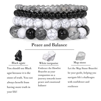Vinswet 4pcs Beaded Bracelets for Women,Natural Healing Crystal Gemstones Bracelet,Anxiety Stress Relief Bracelet Handmade purple Jewelry Gifts for Women - color: Map stone&Black agate&White turquoise