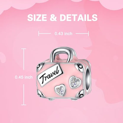 925 Sterling Silver Charms fits Bracelets and Necklace Pendant Bead Charms Jewelry Gift for Women Family Friends - style: I Love Travel Suitcase Pink Charm