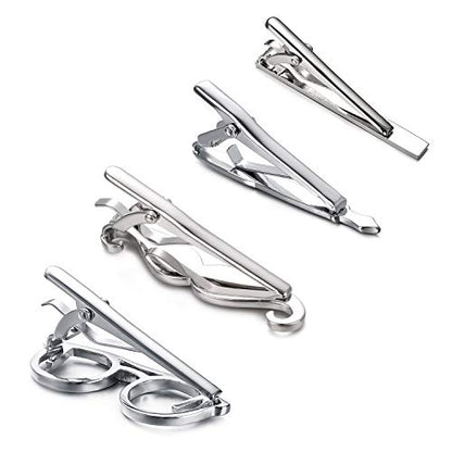 Yoursfs 4 Pcs Funny Tie Clips Set For Men Unique Stainless Steel Eye Glasses/Ruler/Pen/Mustache Tie Clips Personalized Jewelry - style: 4 Pcs Tie Clips Set