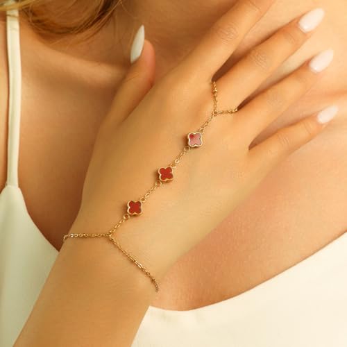 Hand Chain Bracelets for Women 14K Gold Plated Dainty Link Bracelet Bracelets Trendy Ring Bracelet Birthday Jewelry Gifts for Women - style: Red Clover