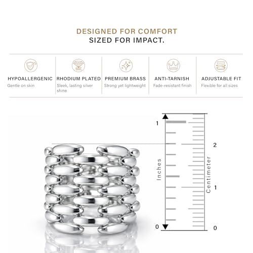 Namami Adjustable Gold Plated & Rhodium Plated(Silver) Wrap Rings for Women | Stackable Pure Brass Tarnish Free & Hypoallergenic, Minimilist Brick Design, 18K Gold Plated Wide Band Chunky Statement Ring - color: Silver
