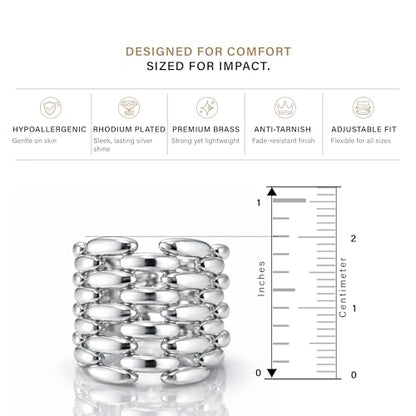 Namami Adjustable Gold Plated & Rhodium Plated(Silver) Wrap Rings for Women | Stackable Pure Brass Tarnish Free & Hypoallergenic, Minimilist Brick Design, 18K Gold Plated Wide Band Chunky Statement Ring - color: Silver