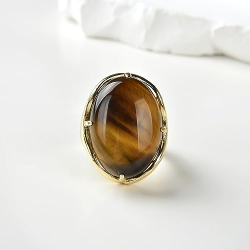Natural Stone Adjustable Finger Rings Semi Precious Oval Shaped Gemstone Jewelry For Women Anniversary Birthday Wedding Gift - color: Yellow