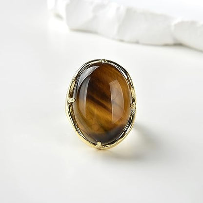 Natural Stone Adjustable Finger Rings Semi Precious Oval Shaped Gemstone Jewelry For Women Anniversary Birthday Wedding Gift - color: Yellow