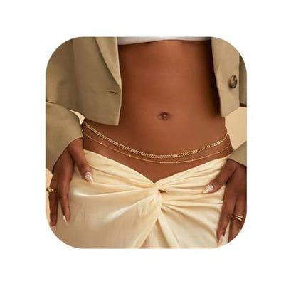 14K Gold Plated Silver Waist Chain, Layered Belly Belt, Waterproof Snake Cuban Body Chain for Women, Summer Beach Jewelry Accessories - color: 01 gold