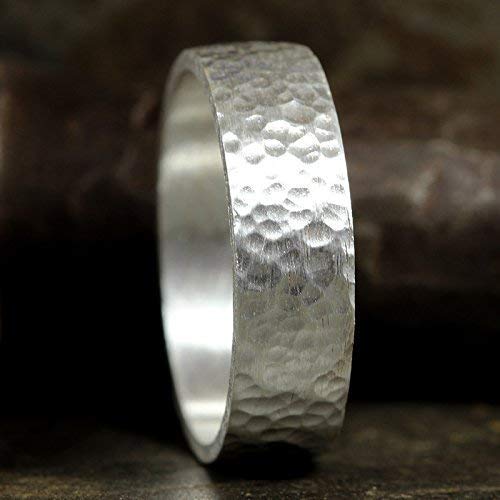 925 Sterling Silver Wedding Ring Hammered Flat Pipe Cut Textured Thick & Durable Handmade Unisex Mens & Women Rustic Engagement Promise Band - US Size 4-13 - Custom Engraving - color: 01 - 6mm Silver