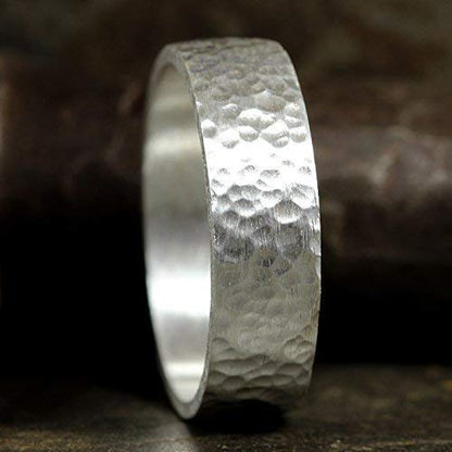 925 Sterling Silver Wedding Ring Hammered Flat Pipe Cut Textured Thick & Durable Handmade Unisex Mens & Women Rustic Engagement Promise Band - US Size 4-13 - Custom Engraving - color: 01 - 6mm Silver