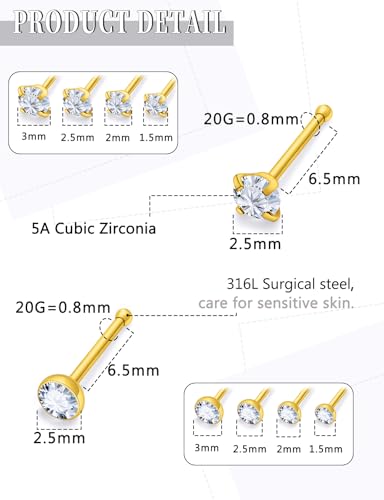 18G 20G 22G Round Cubic Zirconia Nose Rings Studs for Women Men 316L Stainless Surgical Steel Nose Ring Stud Piercing Jewelry Silver Gold Clear CZ 1.5mm 2mm 2.5mm 3mm - style: 20G Straight Gold