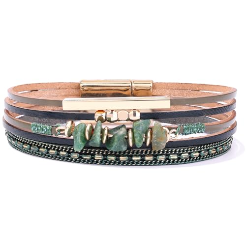Boho Gemstone Beaded Leather Wrap Bracelets Stackable Chunky Cuff Bracelet Western Jewelry Cowboy Chic Country Concert Outfits for Women - color: Green