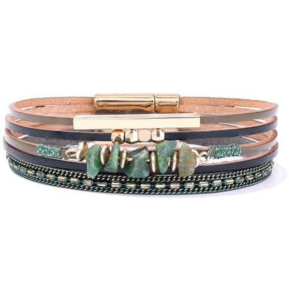 Boho Gemstone Beaded Leather Wrap Bracelets Stackable Chunky Cuff Bracelet Western Jewelry Cowboy Chic Country Concert Outfits for Women - color: Green