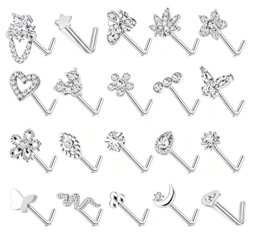 20Pcs L Shaped Nose Studs Set, Stainless Steel & Copper Zircon Inlaid Nose Piercing Jewelry Mixed Flower Moon Snake Heart Star Tiny Nose Pins Unisex for Nostril Piercings - color: Steel Silver