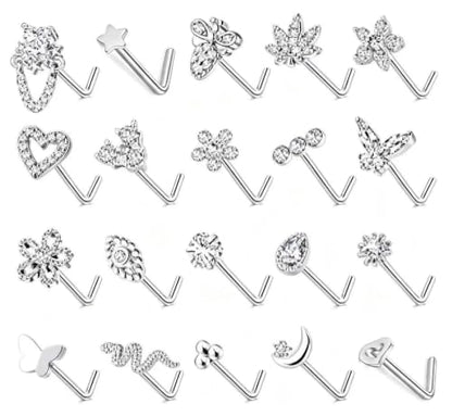 20Pcs L Shaped Nose Studs Set, Stainless Steel & Copper Zircon Inlaid Nose Piercing Jewelry Mixed Flower Moon Snake Heart Star Tiny Nose Pins Unisex for Nostril Piercings - color: Steel Silver