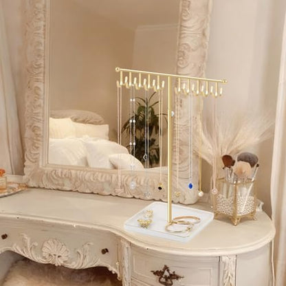 Necklace Holder Elegant Jewelry Holder Stand, Gold Necklace Organizer Rack with Ceramic Base Adjustable Jewelry Tree for Bracelets, Rings, Earrings Necklaces Hanger Display(Gold)