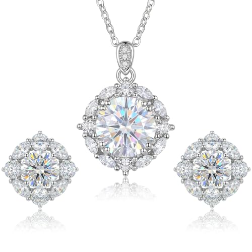 Cubic Zirconia Necklace and Earrings Set for Women 14K White Gold Plated Bridesmaid Silver Jewelry Set for Women Pendant Necklace Hypoallergenic Stud Earrings Set Jewellery Gift for Mom Wife Bride Bridesmaid - color: White-Round Shape