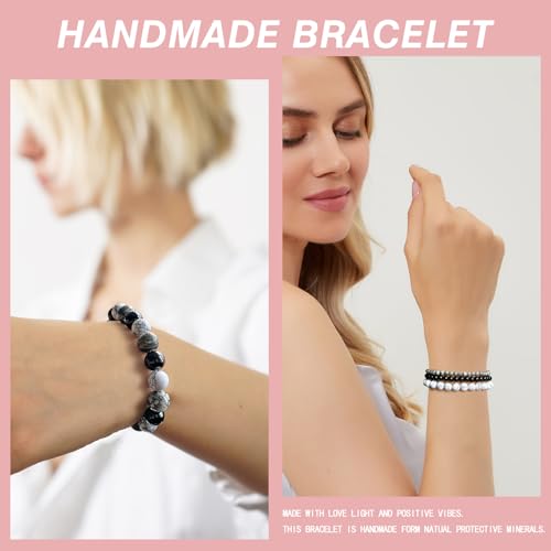 Vinswet 4pcs Beaded Bracelets for Women,Natural Healing Crystal Gemstones Bracelet,Anxiety Stress Relief Bracelet Handmade purple Jewelry Gifts for Women - color: Map stone&Black agate&White turquoise
