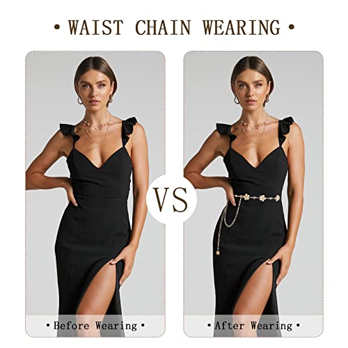 WELROG Metal Waist Chain Belt for Women - Pearls Gold Silver Chain Belts for Dresses Jeans - color: FLower - Gold