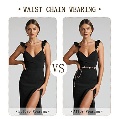 WELROG Metal Waist Chain Belt for Women - Pearls Gold Silver Chain Belts for Dresses Jeans - color: FLower - Gold