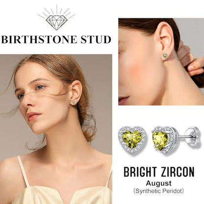 Bestyle Sparkling 925 Sterling Silver Birthstone Stud Earrings for Women, Heart/Round/Teardrop/Square Solitaire Diamond Studs Earrings, Great Birthday/Christmas Gifts - style: 08. Yellow Peridot-Aug.-heart