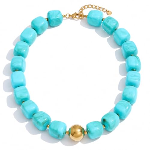 Mchic Colorful Beaded Choker Necklace for Women: Boho Large Square Acrylic Beaded Necklace Stainless Steel Adjustable Surfer Beach Strand Necklaces Summer Handmade Jewelry Gift for Women - color: Teal