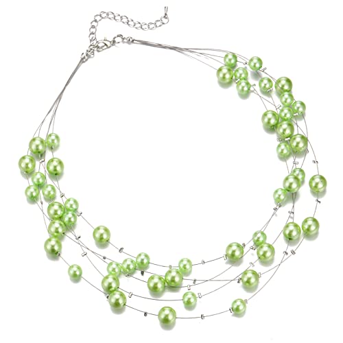 FULU AUTUMN Layered Pearl Necklace Multi-strand Pearl Choker Necklaces for Women Beaded jewelry for Wedding Parties - color: Fruit green