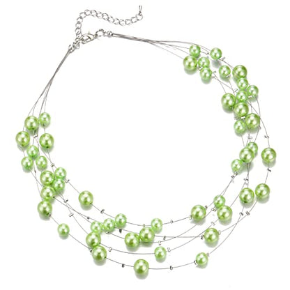 FULU AUTUMN Layered Pearl Necklace Multi-strand Pearl Choker Necklaces for Women Beaded jewelry for Wedding Parties - color: Fruit green