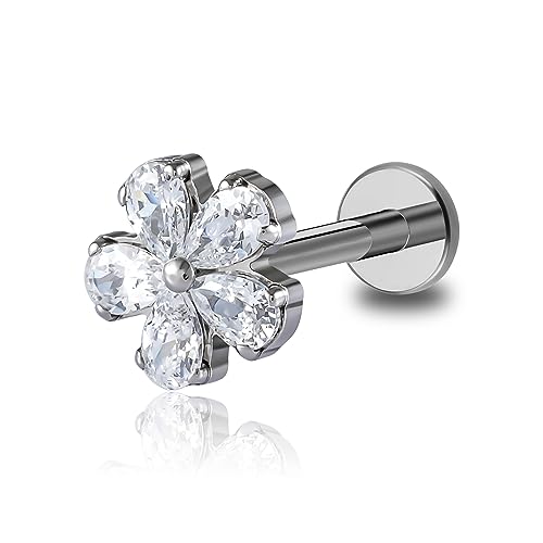 FINE4U 1PC ASTM F136 Titanium 16G Flatback Stud for Tragus, Helix, Conch 6mm 8mm - Screw on Cartilage Earring Piercing Jewelry - color: CZ Flower - Tit