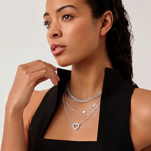 RANKEEF Layered Gold Necklaces for Women Sterling Silver Necklace Waterproof Silver Necklace For Women Adjustable Sterling Silver Necklace For Women Set Jewelry Gift - color: Silver-A
