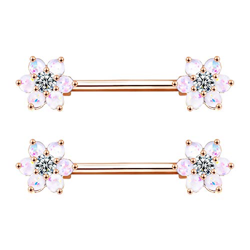 14G Opal Flower CZ Nipple Barbell Nipple Ring Piercing Jewelry for Women - color: rosegold