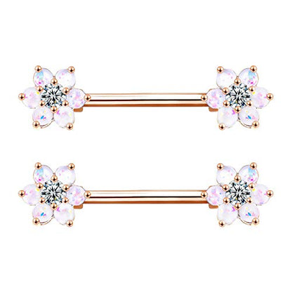 14G Opal Flower CZ Nipple Barbell Nipple Ring Piercing Jewelry for Women - color: rosegold