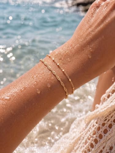 Moodear Gold Bracelets for Women, 2PCS Dainty 14K Gold Plated Link Chain | Waterproof Non Tarnish Jewelry, Adjustable Gold Plated Link & Bead Chain, Perfect for Daily Wear, Vacation Outfits & Gifts - color: gold-1
