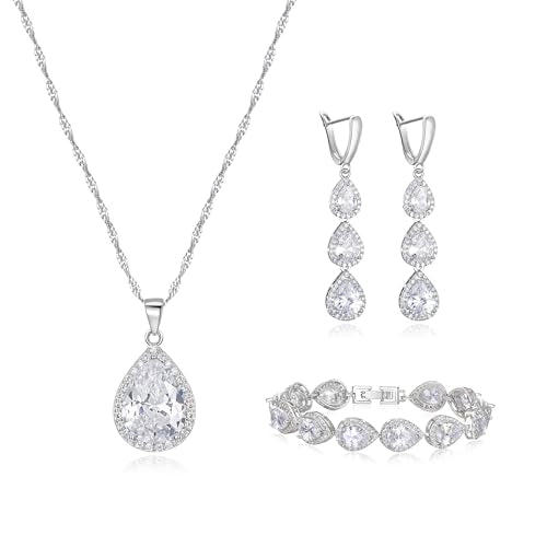 Crysdue Cubic Zirconia Teardrop Pendant Necklace Long Earrings Tennis Bracelet Set, Sparkle Classic Prom Wedding Jewelry Set for Women Brides Bridesmaid