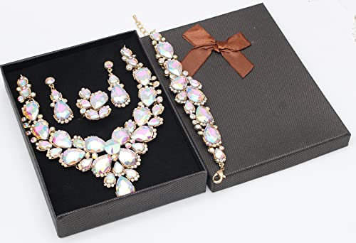 Women's Wedding Bridal Austrian Crystal Glass Teardrop Statement Necklace Dangle Earrings Bracelet Ring Wedding Party Jewelry Set for Bridal Bridesmaid - color: AB Crystal-Gold Plated
