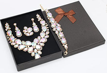 Women's Wedding Bridal Austrian Crystal Glass Teardrop Statement Necklace Dangle Earrings Bracelet Ring Wedding Party Jewelry Set for Bridal Bridesmaid - color: AB Crystal-Gold Plated